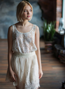 Exciting blonde teen in sexy white lace dress