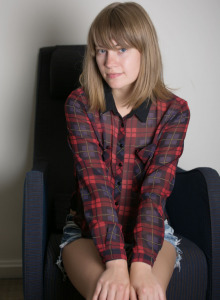 Puffy nipples teen wearing tight cut petite short and plaid shirt